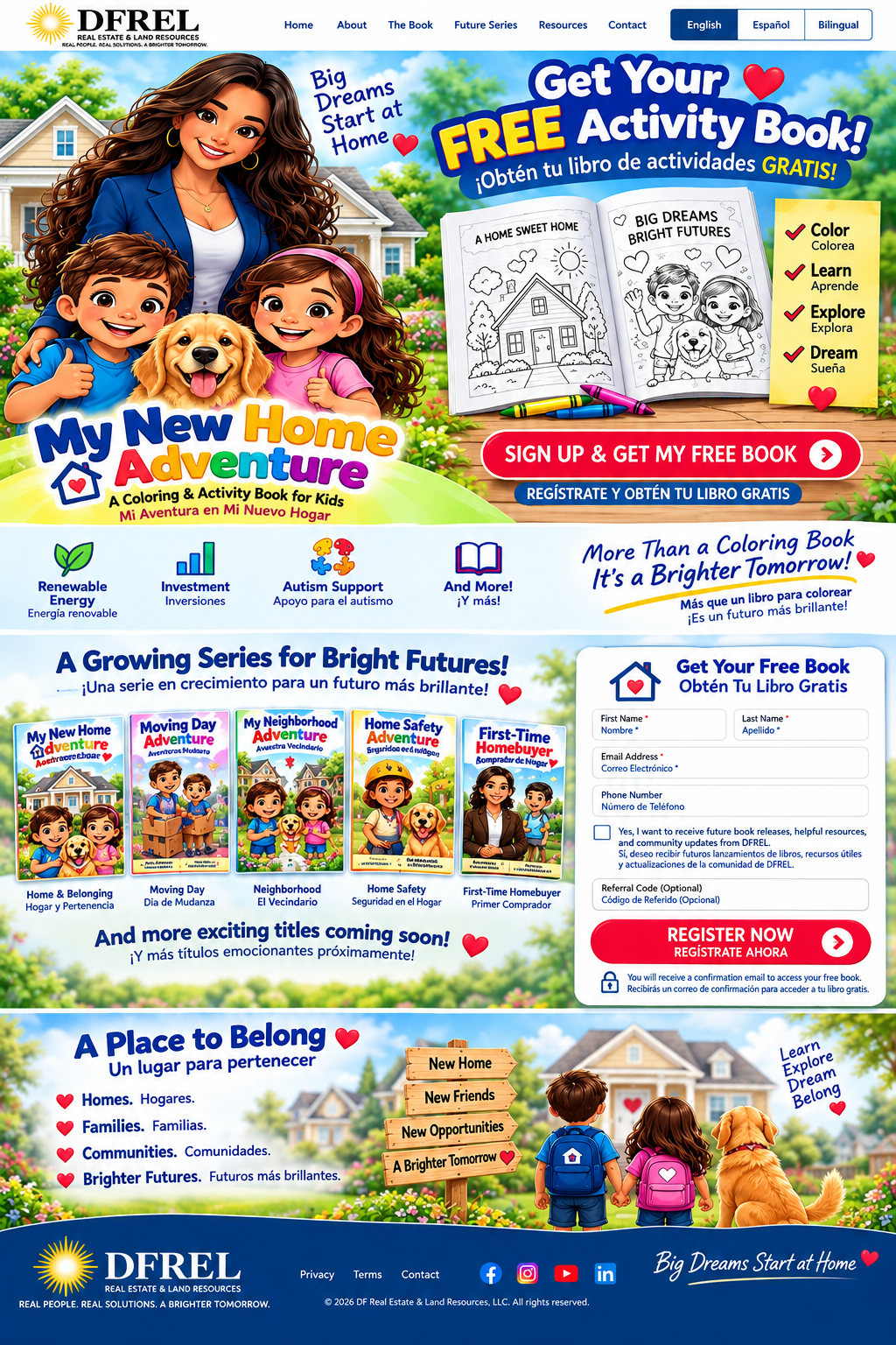 My New Home Adventure bilingual family activity book and upcoming DFREL series